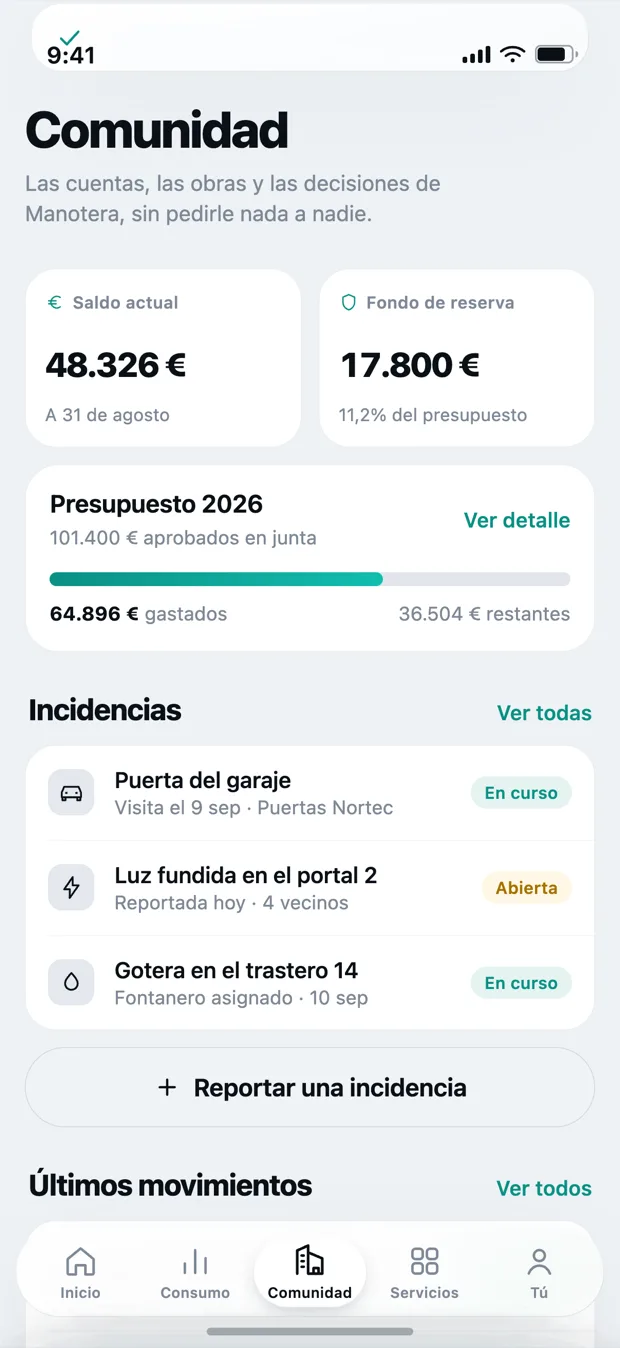 Pantalla de comunidad de Kovva con el saldo, el presupuesto y las incidencias abiertas
