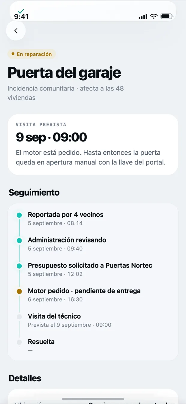 Estado de una incidencia publicado en Kovva