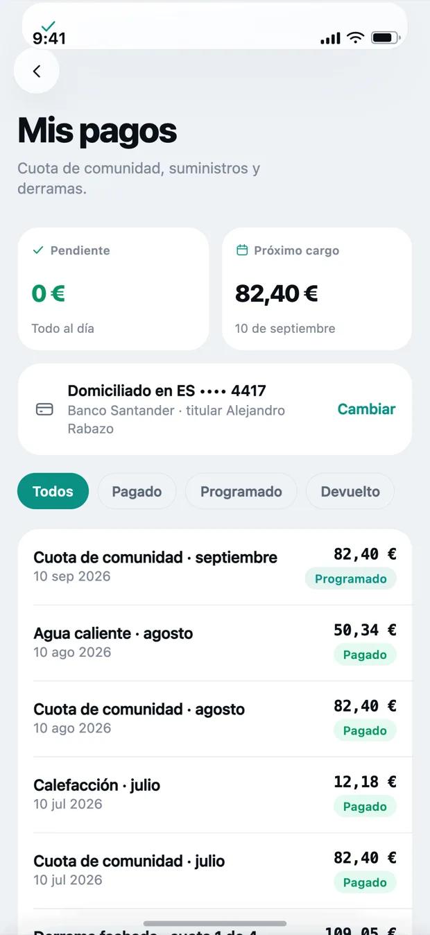 Histórico de pagos de la vivienda en Kovva
