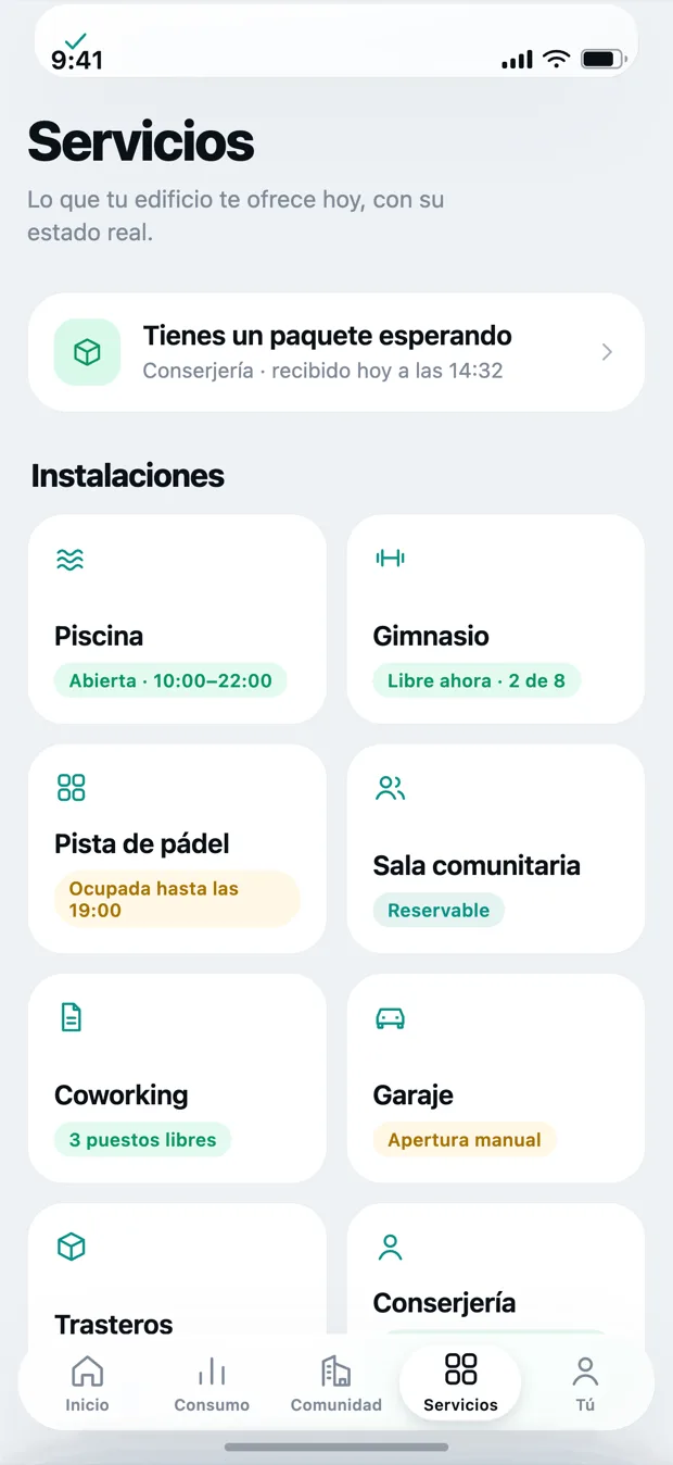Pantalla de servicios de Kovva con las reservas de zonas comunes